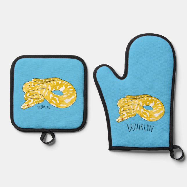 Burmese python snake cartoon illustration  oven mitt & pot holder set (Front)