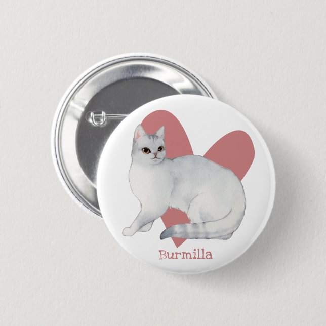 Burmilla Cat Watercolor Kitty Pink Heart Button (Front & Back)