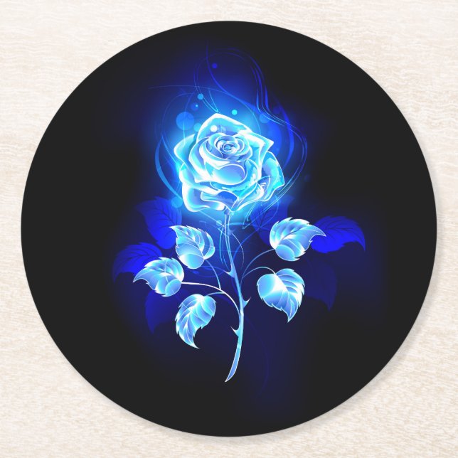 Burning Blue Rose Round Paper Coaster (Front)