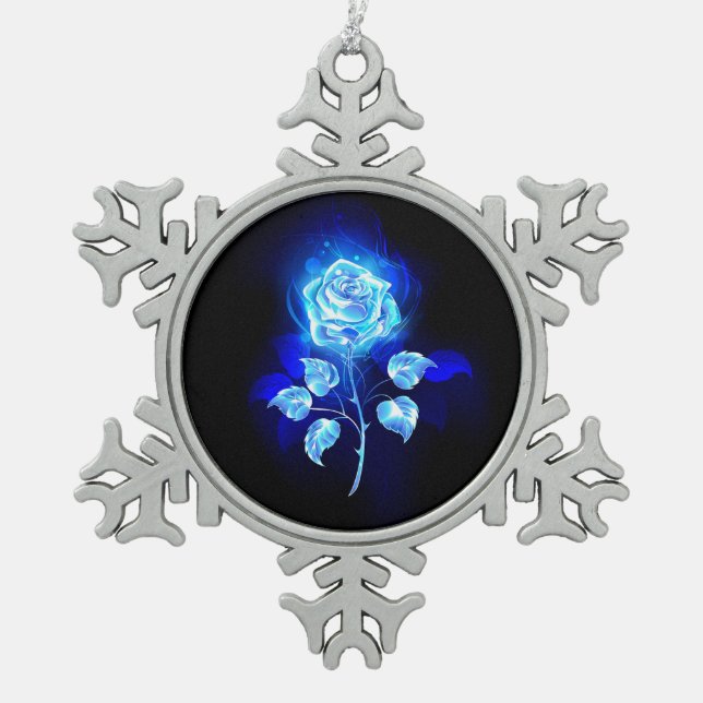 Burning Blue Rose Snowflake Pewter Christmas Ornament (Front)