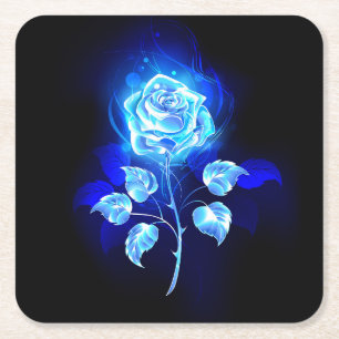 Burning Blue Rose Square Paper Coaster