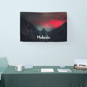 Burning clouds, fog and mountains monogram banner