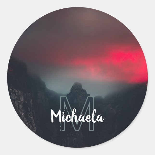 Burning clouds, fog and mountains monogram classic round sticker (Front)