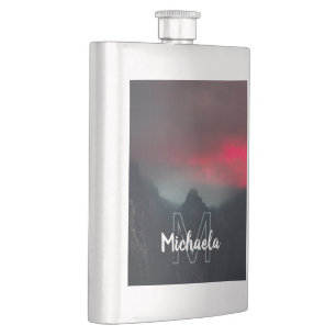 Burning clouds, fog and mountains monogram hip flask