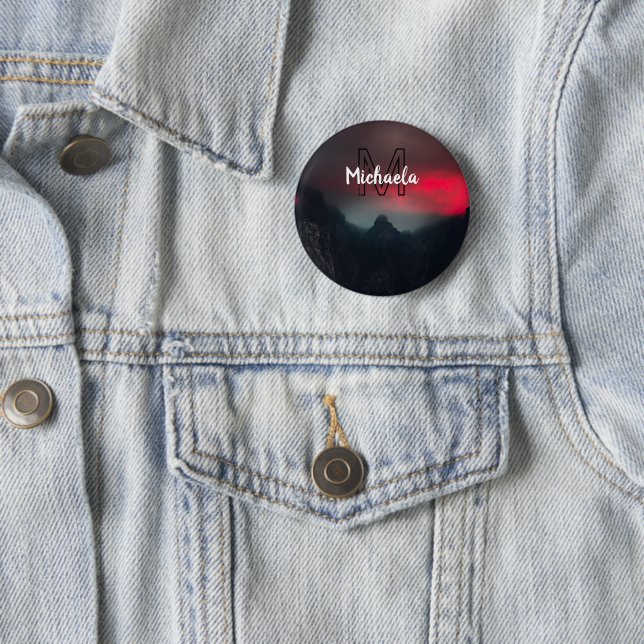 Burning clouds, fog and mountains monogram in sky 6 cm round badge (In Situ)