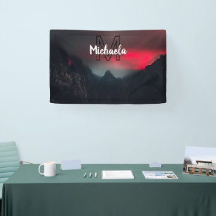 Burning clouds, fog and mountains monogram in sky banner