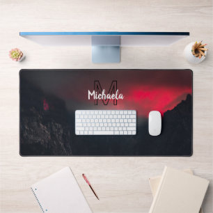 Burning clouds, fog and mountains monogram in sky desk mat