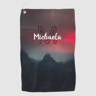 Burning clouds, fog and mountains monogram in sky golf towel