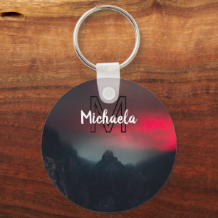 Burning clouds, fog and mountains monogram in sky key ring