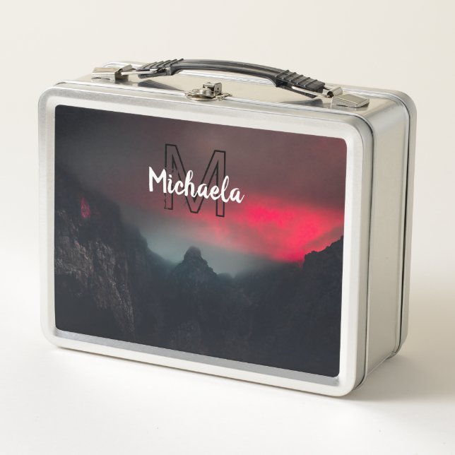 Burning clouds, fog and mountains monogram in sky metal lunch box (Front)
