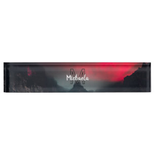 Burning clouds, fog and mountains monogram in sky nameplate