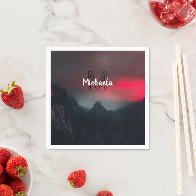 Burning clouds, fog and mountains monogram in sky napkin (Insitu)