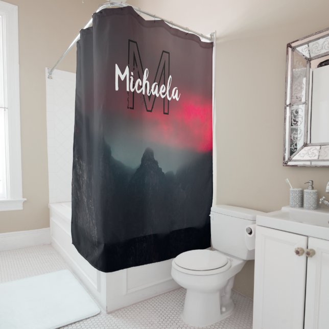 Burning clouds, fog and mountains monogram in sky shower curtain (In Situ)