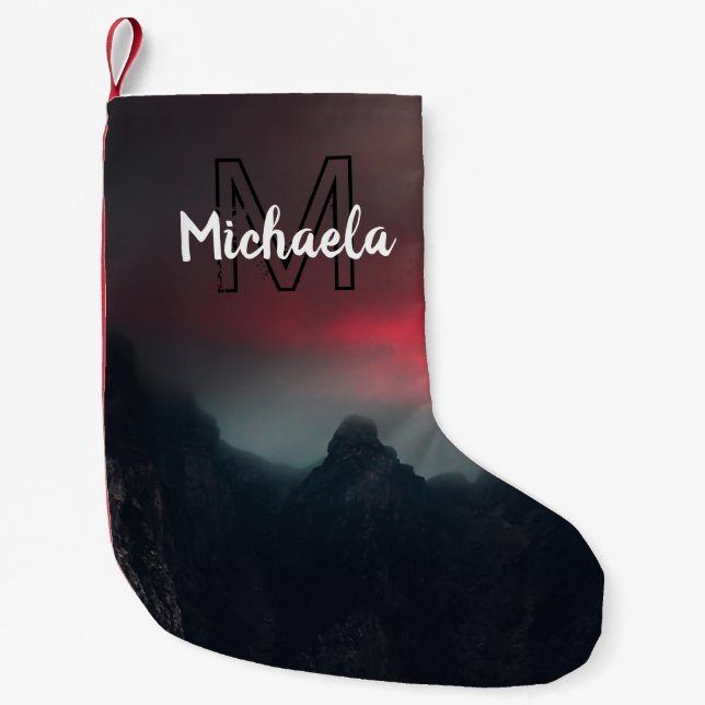 Burning clouds, fog and mountains monogram in sky small christmas stocking (Front)