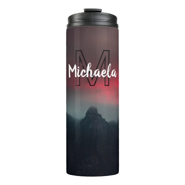 Burning clouds, fog and mountains monogram in sky thermal tumbler (Front)