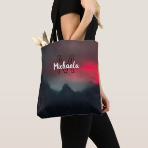 Burning clouds, fog and mountains monogram in sky tote bag
