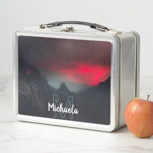 Burning clouds, fog and mountains monogram metal lunch box