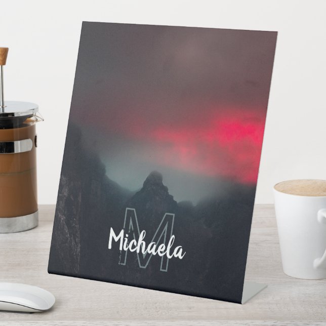 Burning clouds, fog and mountains monogram pedestal sign (In SItu)
