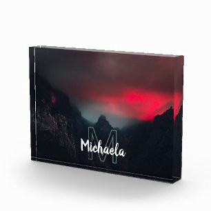Burning clouds, fog and mountains monogram photo block