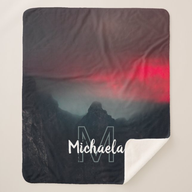 Burning clouds, fog and mountains monogram sherpa blanket (Front)