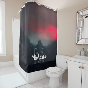 Burning clouds, fog and mountains monogram shower curtain