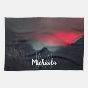 Burning clouds, fog and mountains monogram tea towel