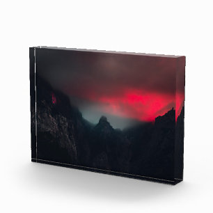 Burning clouds, fog and mountains photo block