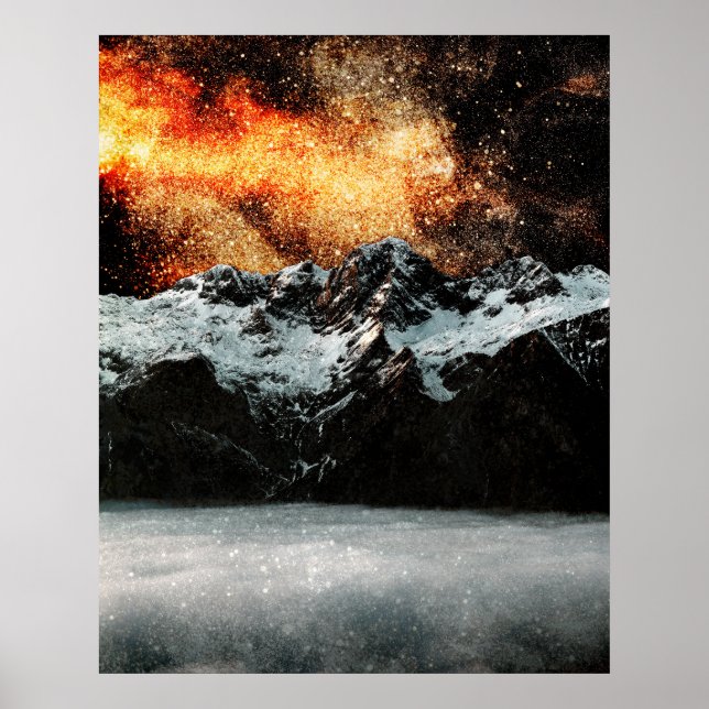 Burning galaxy above majestic mountains poster (Front)