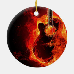 Burning Guitar, Orange Flames Music Rock Band Ceramic Tree Decoration