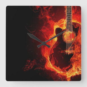 Burning Guitar, Orange Flames Music Rock Band Square Wall Clock