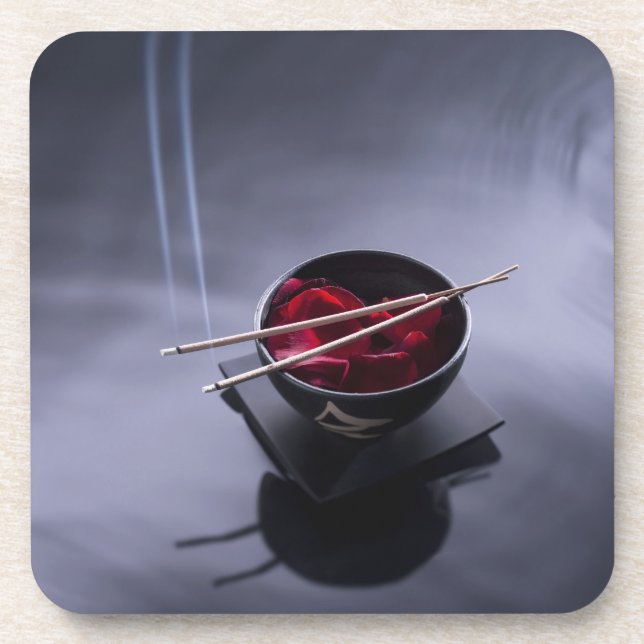 Burning incense on top of bowl of petals coaster (Front)