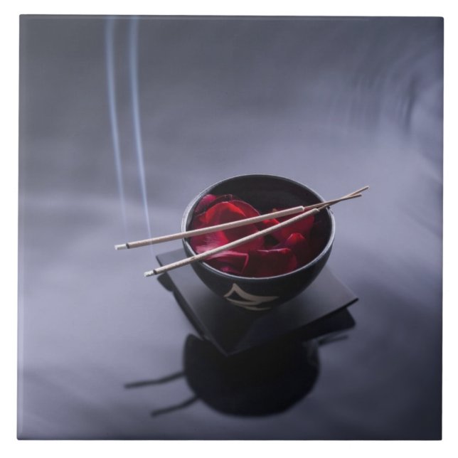 Burning incense on top of bowl of petals tile (Front)