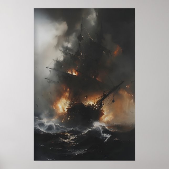Burning Pirate Ship in Stormy Ocean Gothic Nautica Poster (Front)