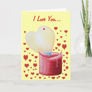 burning red candle with heart flame valentines holiday card