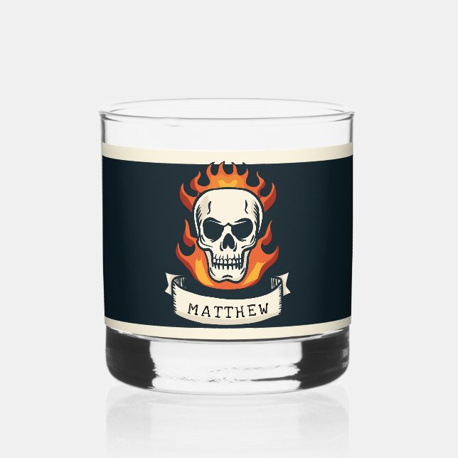 Burning skull personalised with name whiskey glass (Front)