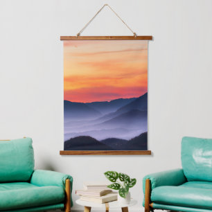 Burning sunset and fog in valley hanging tapestry