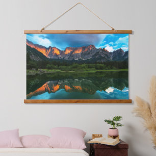 Burning sunset over the mountains at lake Fusine,  Hanging Tapestry