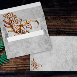 Burnished Golden Flower Grey Parchment Wedding Envelope