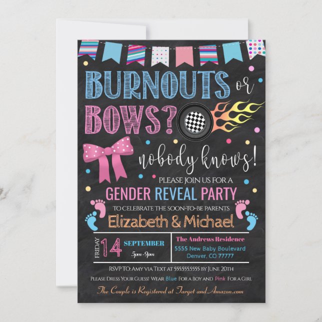 Burnouts or Bows Gender Reveal Invitation (Front)