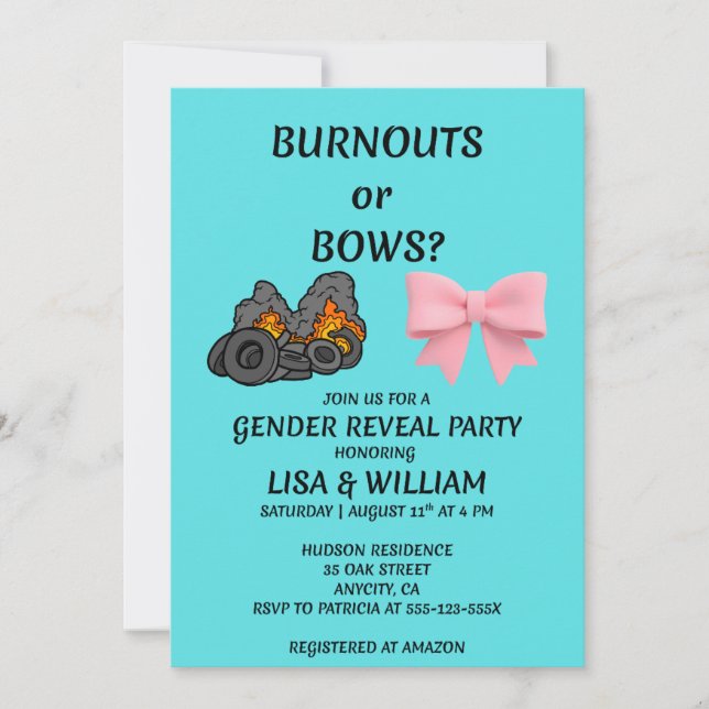 Burnouts or Bows Gender Reveal Party Invitation (Front)