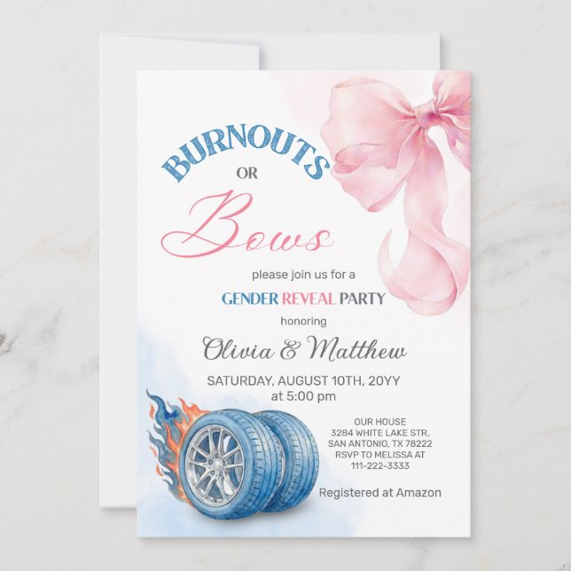 Burnouts or bows Gender Reveal Party Invitation (Front)