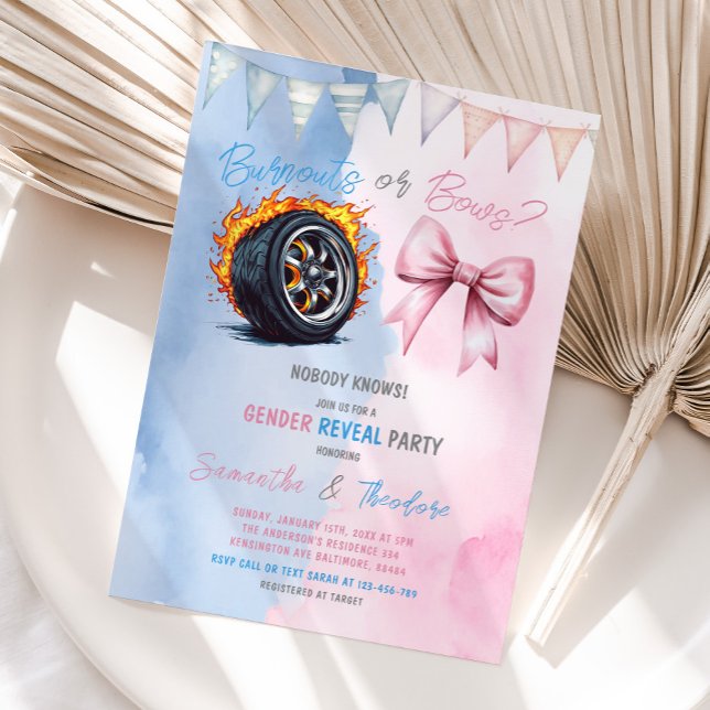 Burnouts or Bows Pink Blue Gender Reveal Party Invitation (Creator Uploaded)