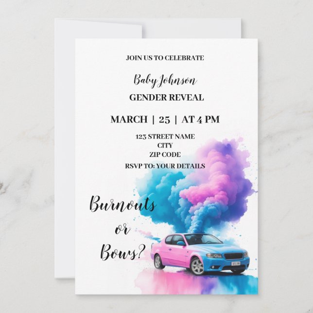 Burnouts or bows themed gender reveal invitation (Front)