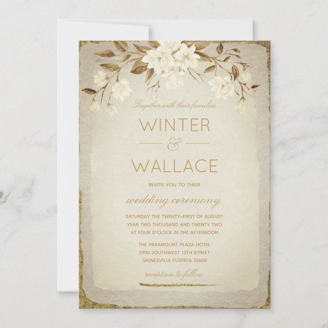 Burnt Almond & Gold Magnolia Wedding Invitation (Front)