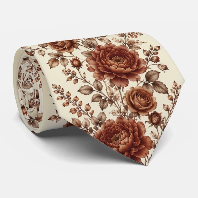 Burnt Copper Peony & Rose Wedding Floral Tie (Rolled)