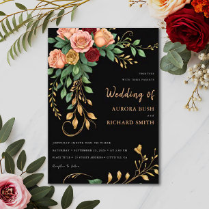 Burnt Gold Black Boho Floral Fall Rustic Wedding Invitation