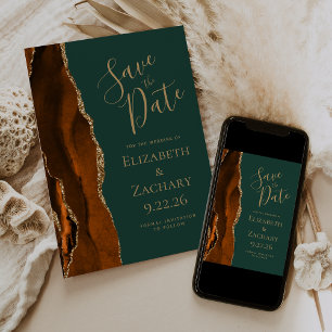 Burnt Orange Agate Dark Green Save the Date Invitation