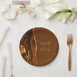 Burnt Orange Agate Gold Brown Wedding Paper Plate