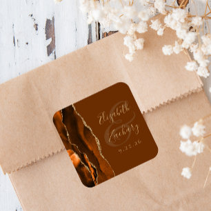 Burnt Orange Agate Gold Brown Wedding Square Sticker