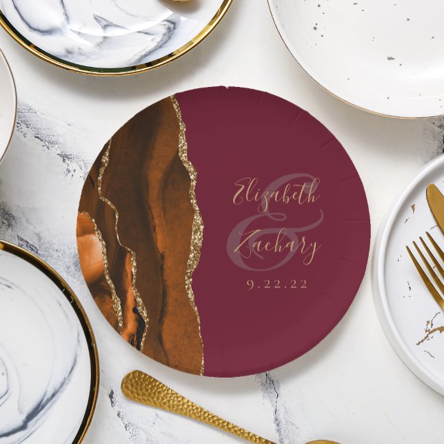 Burnt Orange Agate Gold Burgundy Wedding Paper Plate (Creator Uploaded)